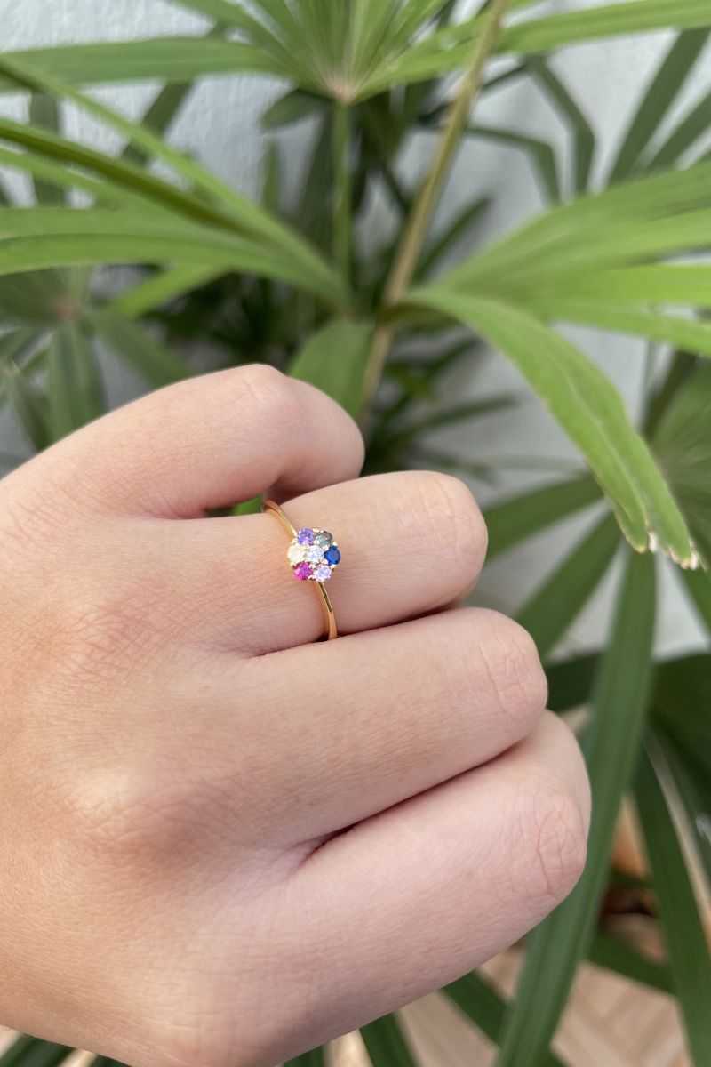 Anel Solitário com Zircônia Coloridas em Banho de Ouro