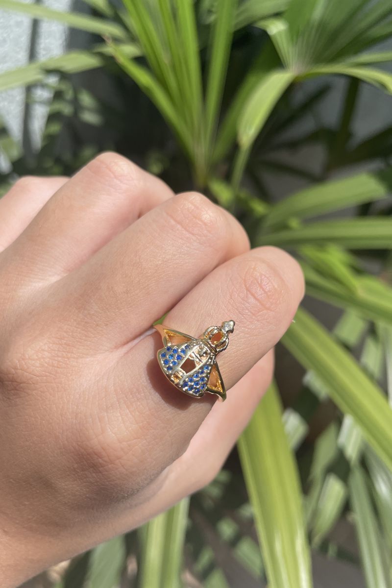 Anel Nossa Senhora Aparecida com Zircônia Azul Safira em Banho de