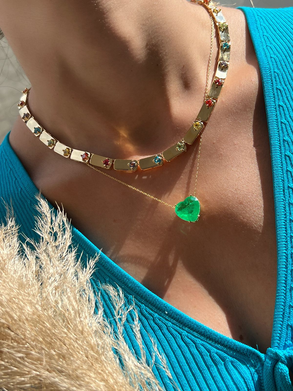 Conjunto Coração Fusion Verde Esmeralda em Banho de Ouro