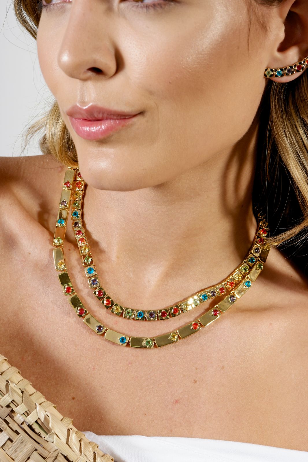 Choker com Zircônia Colorida (Primeira) Fecho Joia em Banho de Ouro