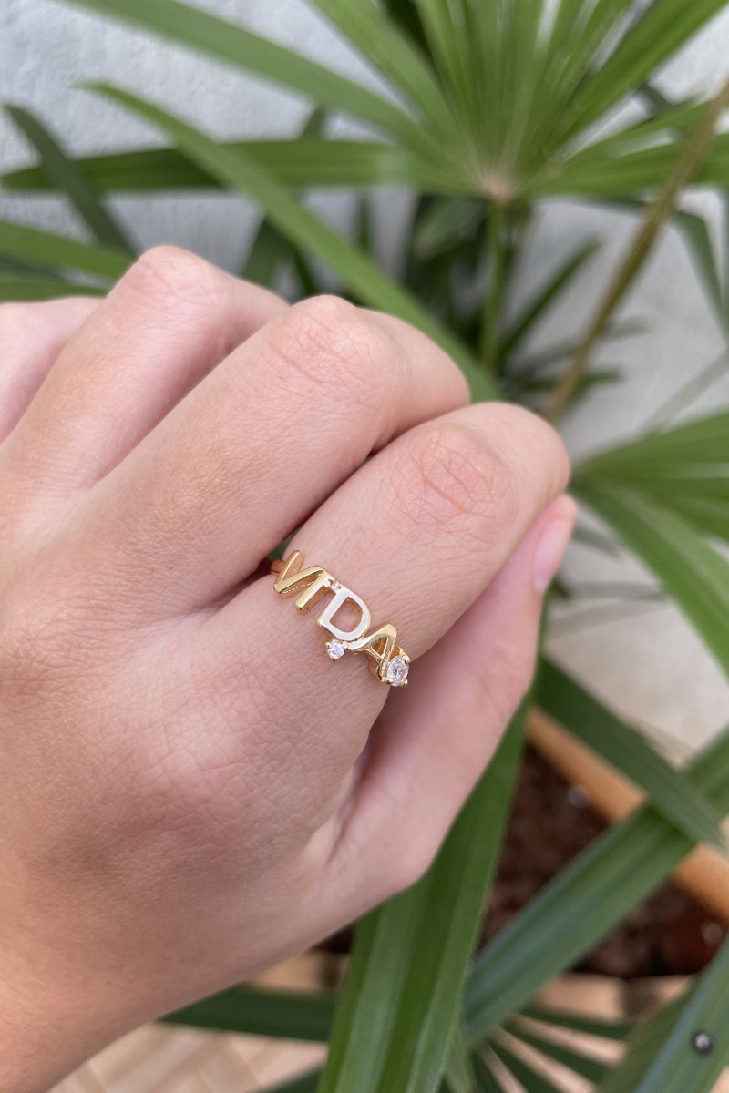 Anel Vida com Zircônia Cristal em Banho de Ouro