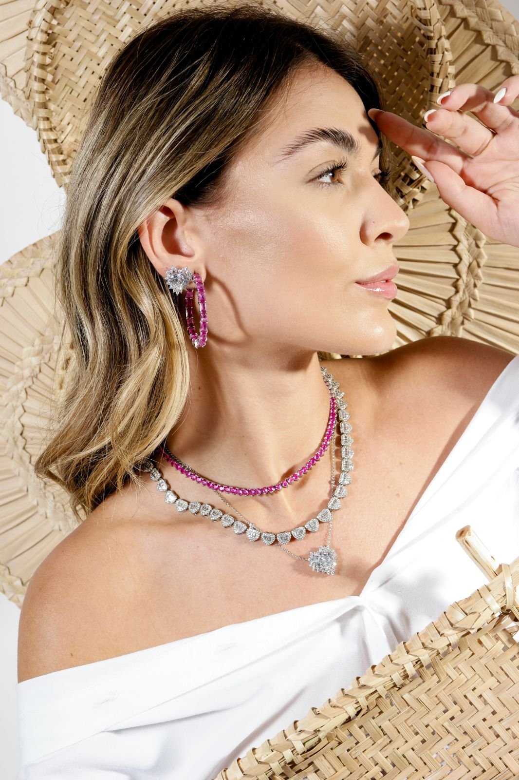 Conjunto Coração com Zircônia Cristal em Banho Ródio Branco