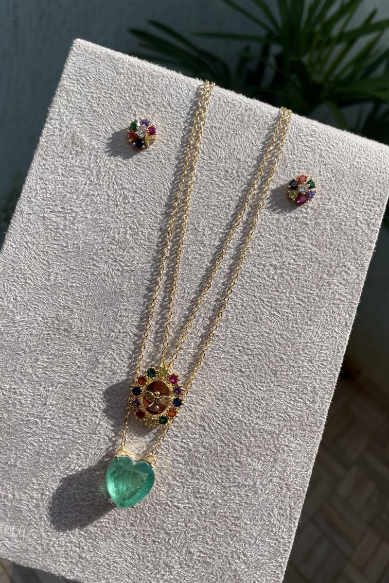 Conjunto Brinco + Escapulário com Pedra Fusion e Zircônia Colorida em Banho de Ouro