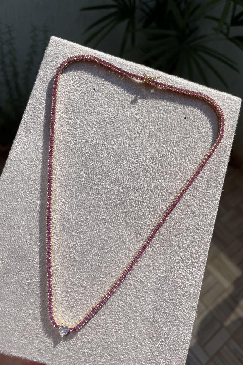 Riviera com Zircônia Turmalina Rosa e Coração Cristal (Fecho Joia) Banho de Ouro