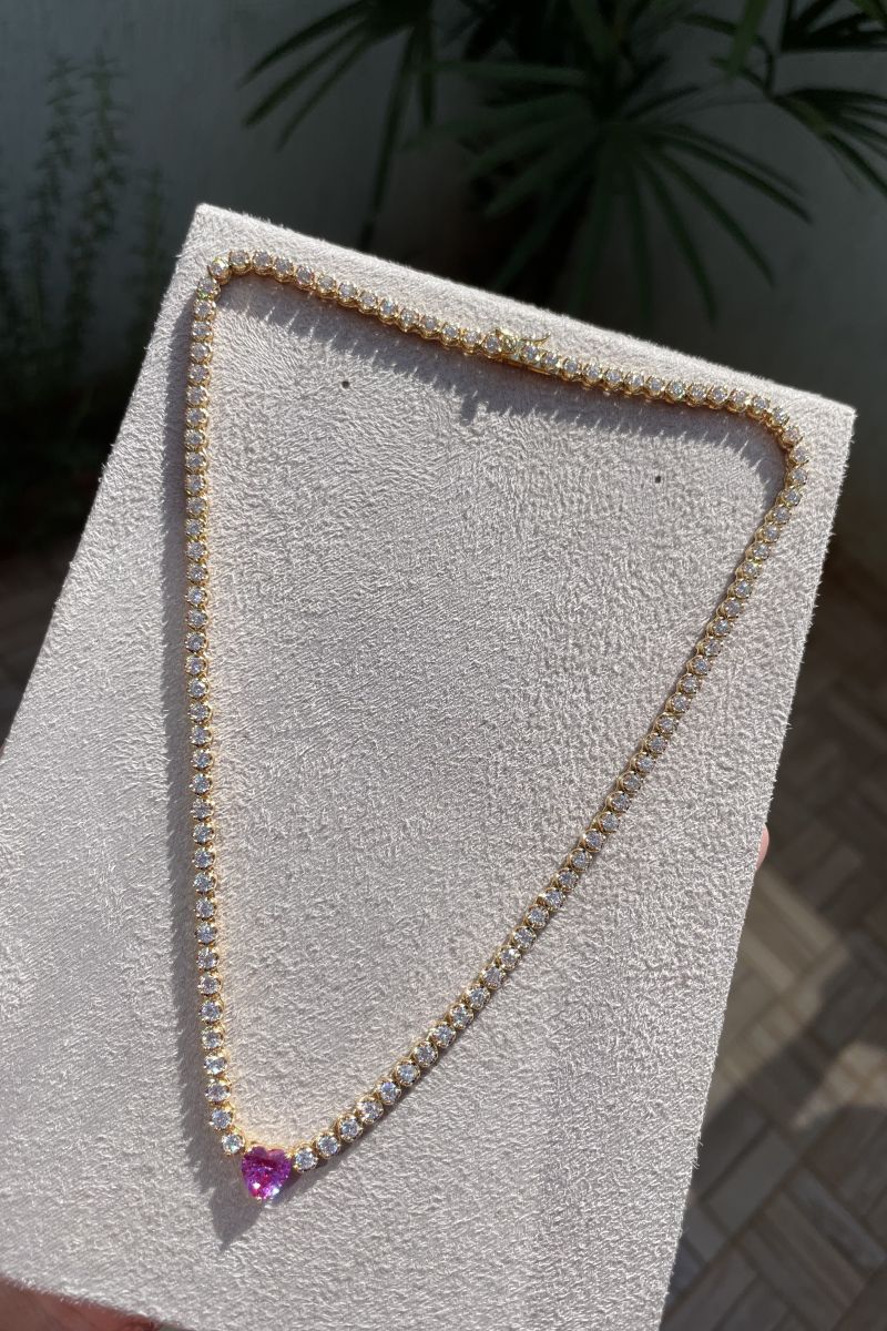 Choker Riviera com Coração Turmalina Rosa (Fecho Joia) em Banho de Ouro