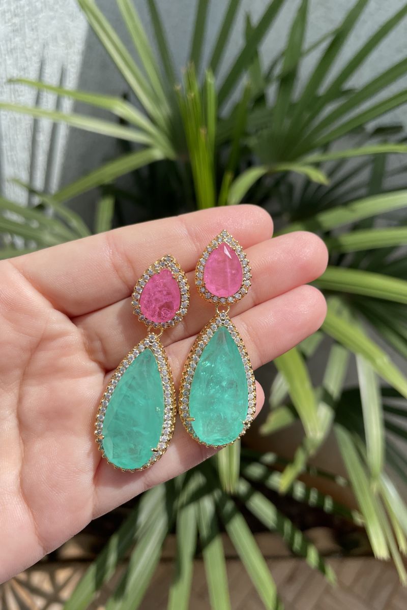 Brinco Gotas Fusion Rosa e Esmeralda Colombiana em Banho de Ouro