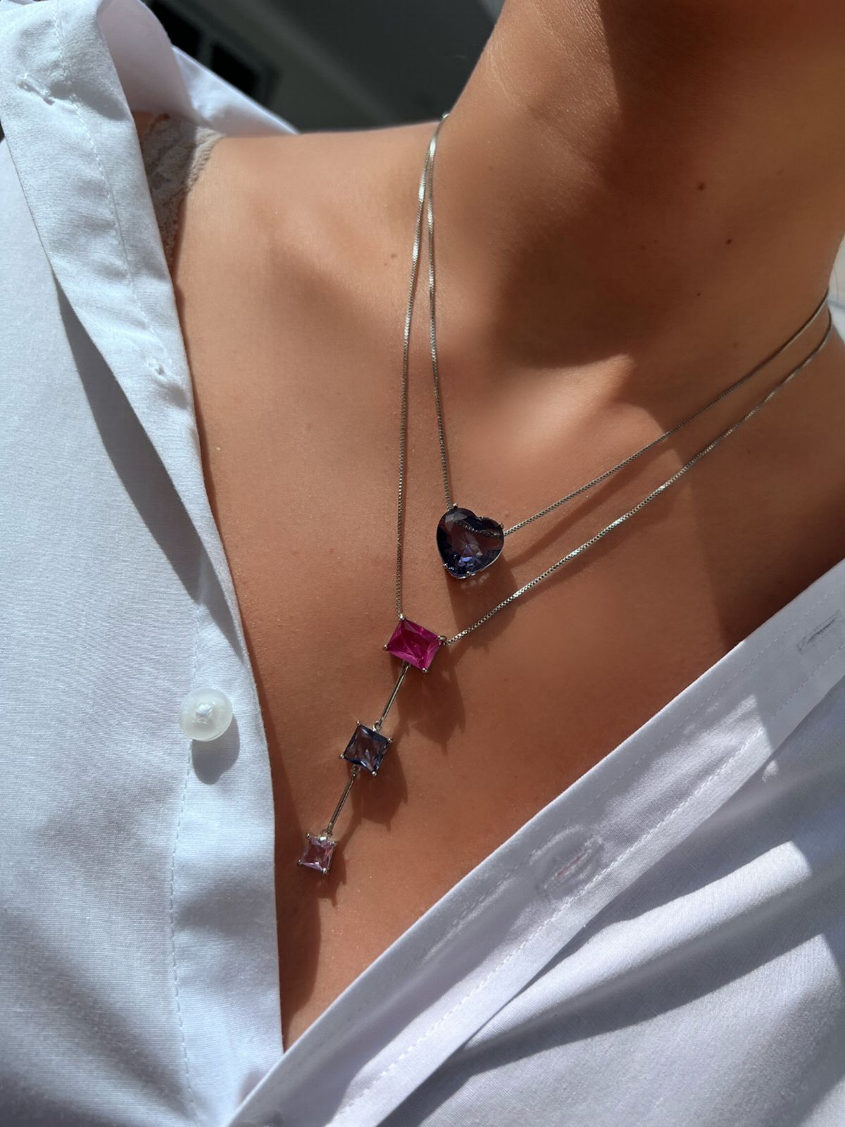 Colar Coração Ametista em Banho Ródio Branco