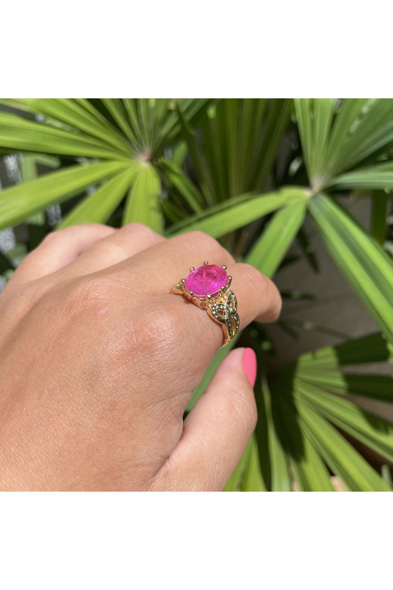 Anel com Pedra Oval Fusion Fúcsia em Banho de Ouro