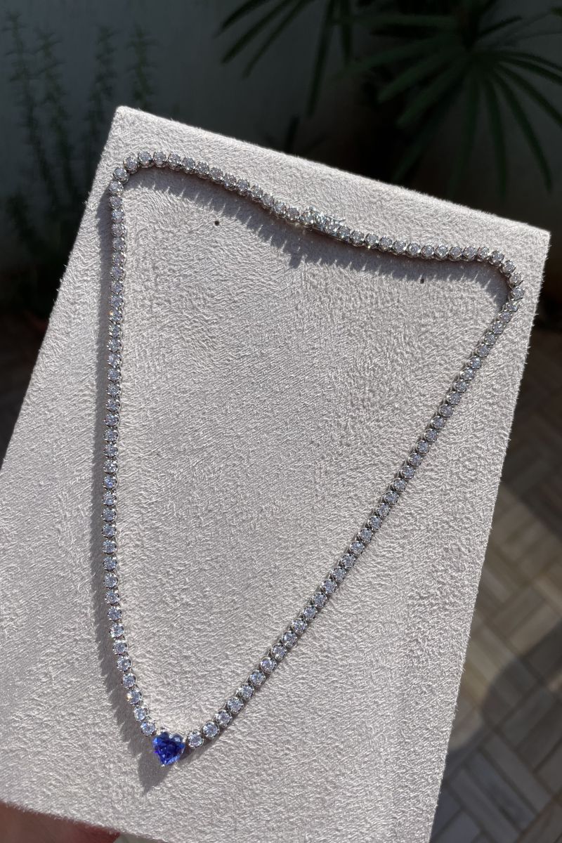Choker Riviera Cristal com Coração Tanzanita (Fecho Joia) em Ródio Branco