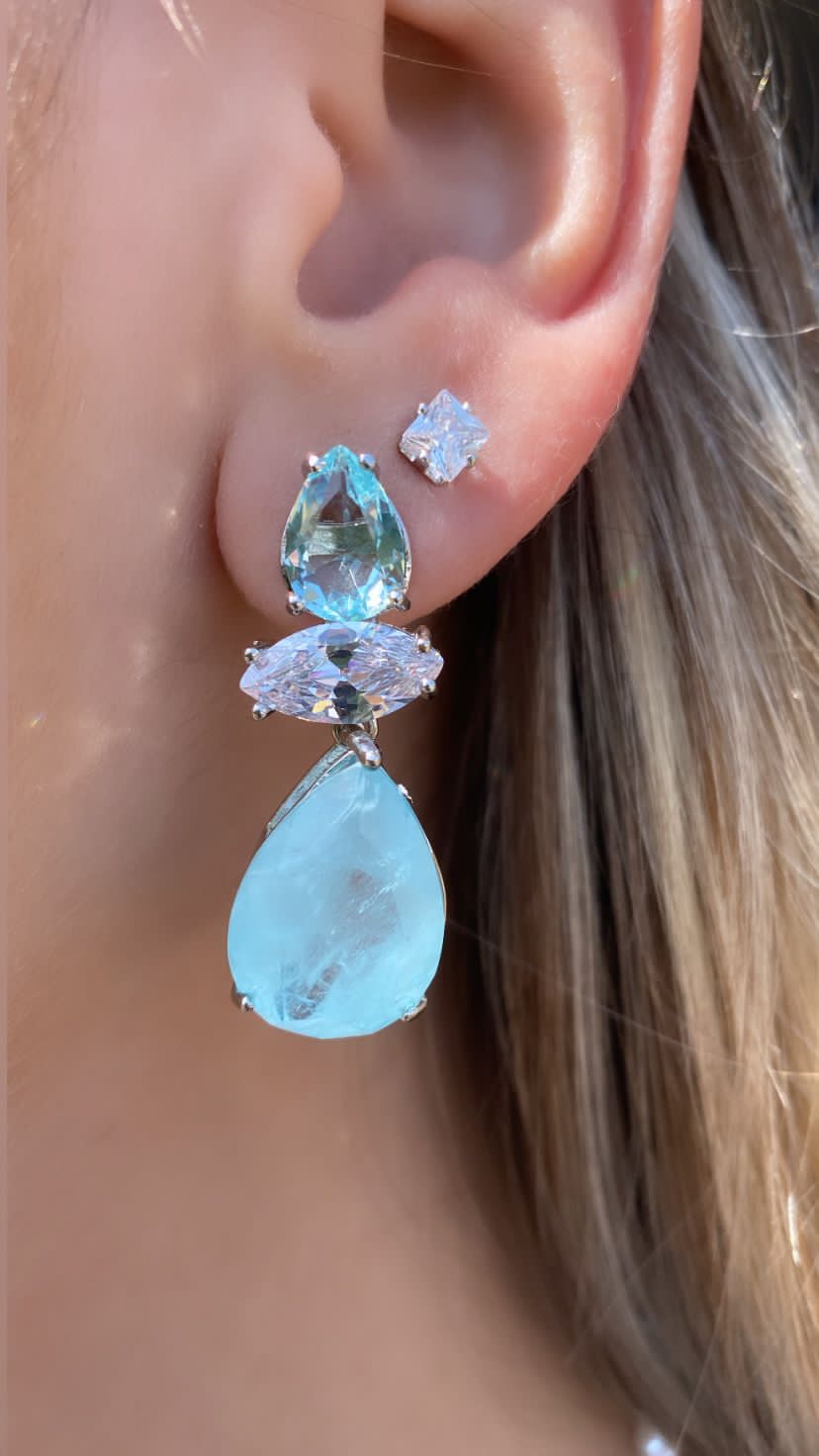 Brinco com Zircônia Cristal e Água-marinha e Fusion em Banho de Ródio Branco