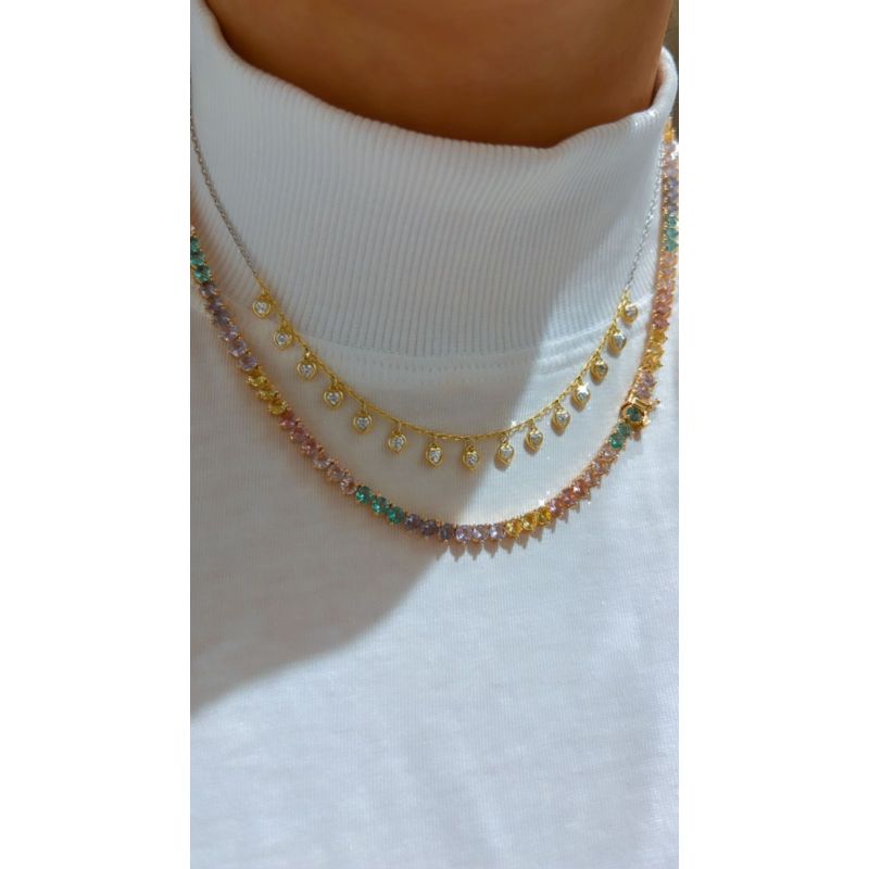 Choker com Mini Coração Pendurados com Dois banhos Ródio Branco e Banho de Ouro
