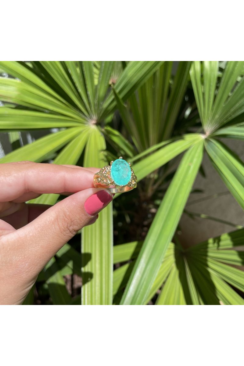 Anel com Pedra Oval Fusion Esmeralda Colombiana em Banho de Ouro