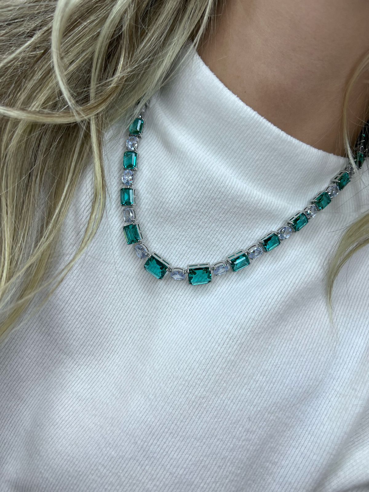 Riviera Maleável com Zircônia Cristal e Turmalina (Fecho Lagosta )em Banho Ródio Branco