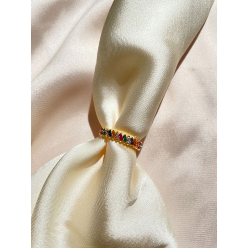 Anel Aparador de Aliança Duplo Rainbow em Banho de Ouro