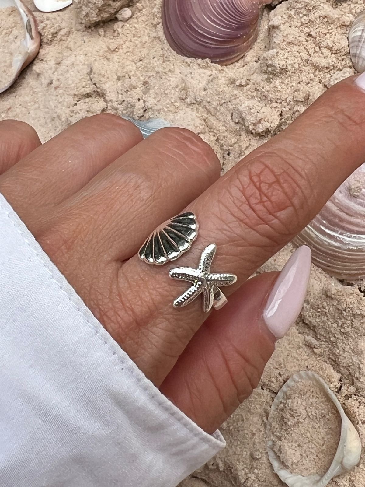 Anel Concha e Estrela do Mar em Banho de Prata