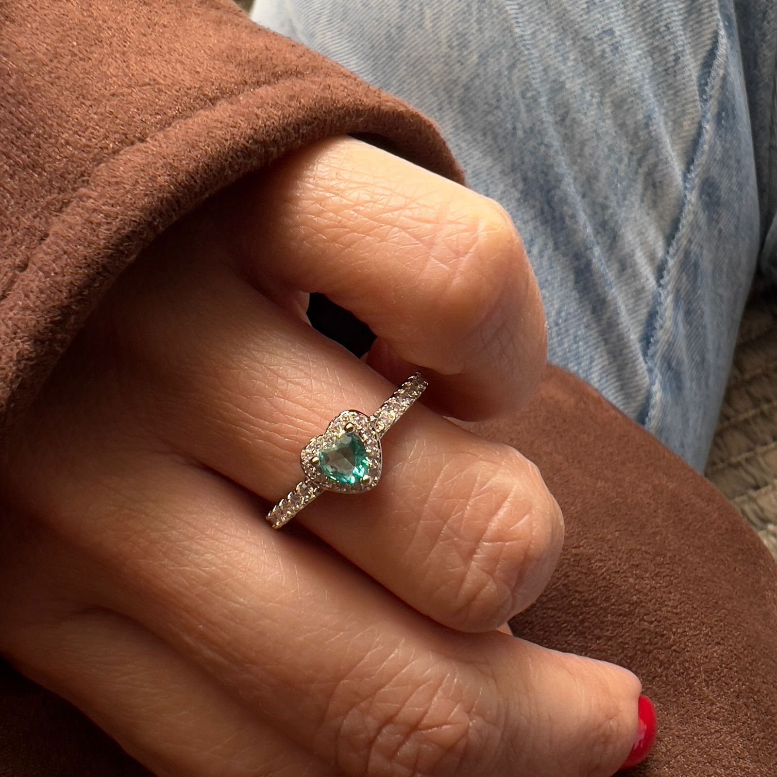 Anel Coração com Zircônia Cristal e Turmalina em Banho de Ródio Branco