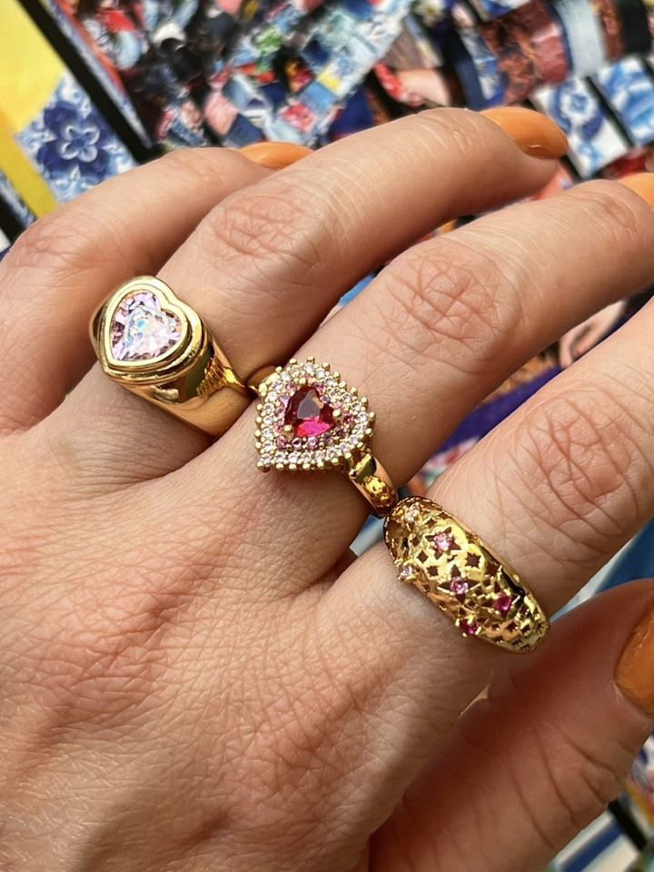 Anel Coração com Zircônia Rosa Turmalina e Rosa Claro em Banho de Ouro