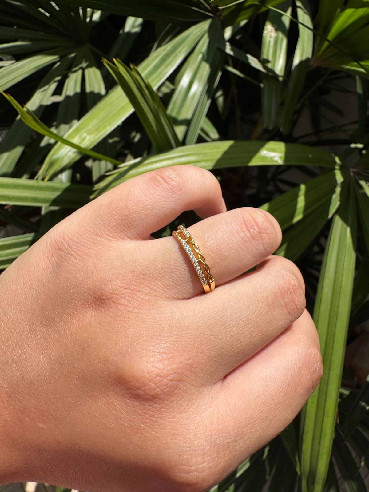 Anel Duplo com Zircônia Cristal em Banho de Ouro