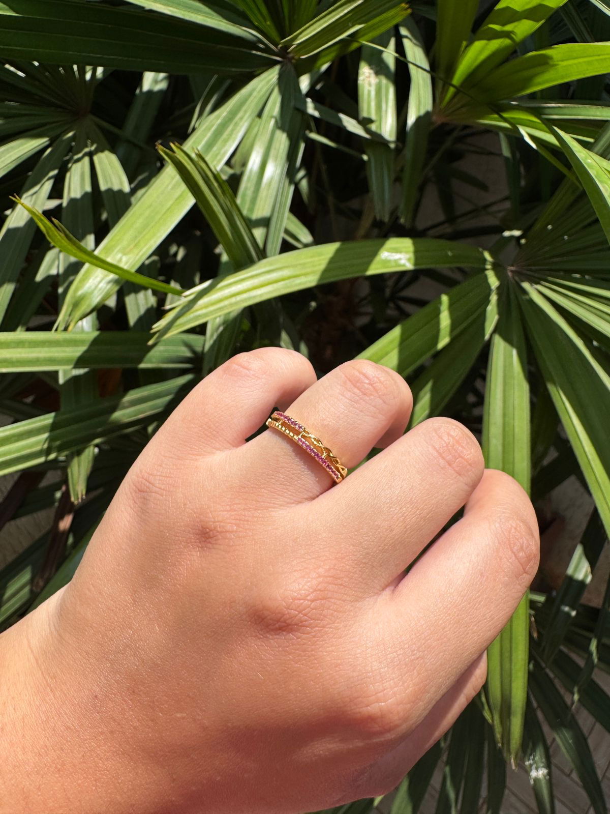 Anel duplo com Zircônia Pink em Banho de Ouro