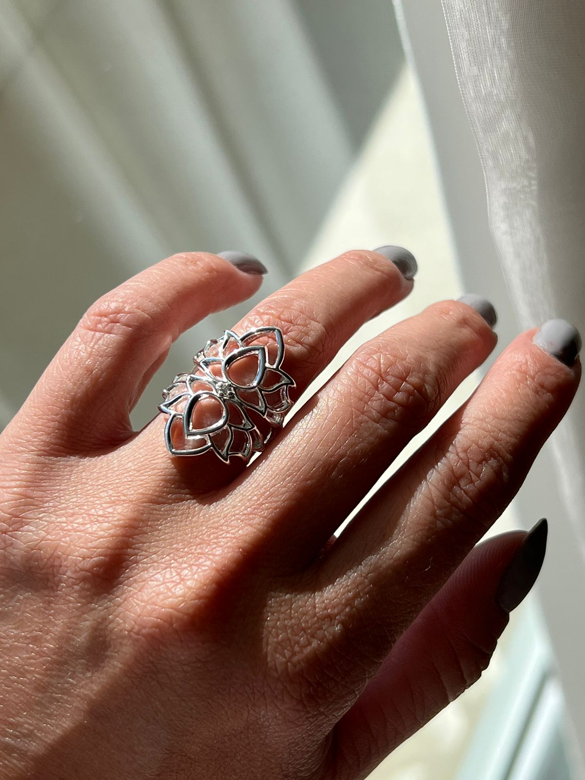 Anel Flor Grande em Banho de Prata