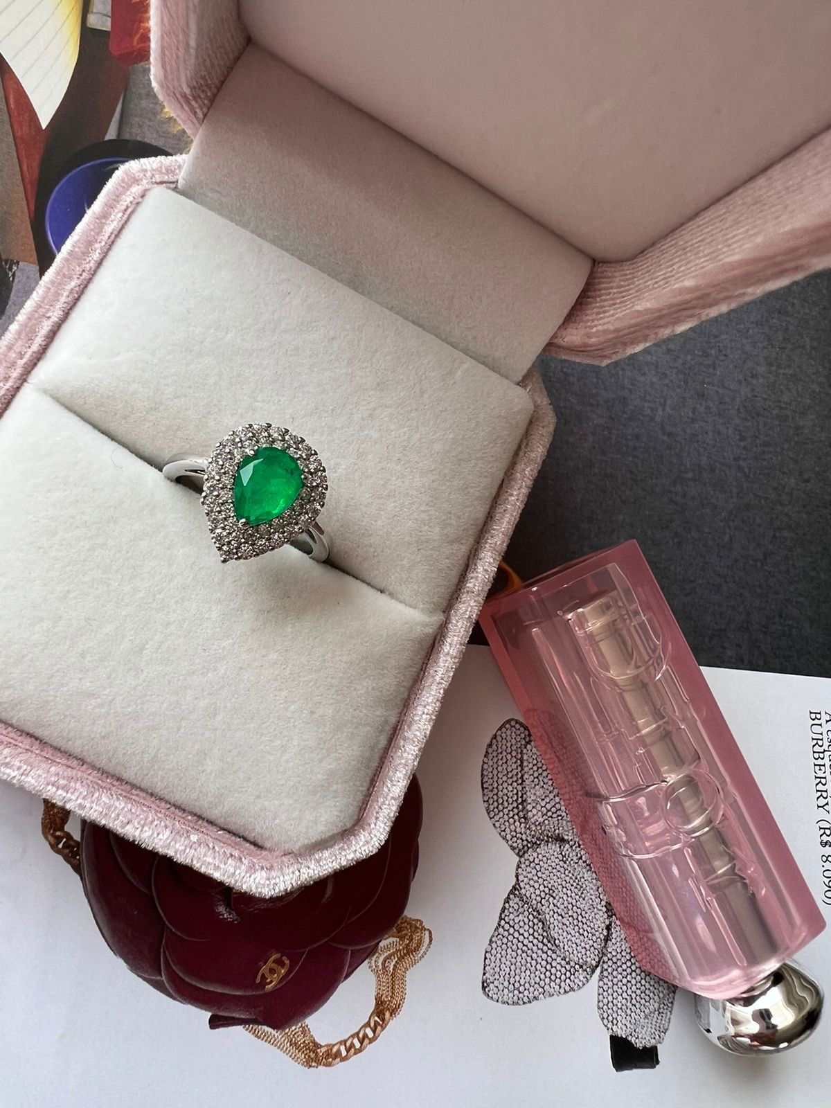 Anel Gota Fusion Verde Esmeralda com Zircônia Cristal em Banho de Ródio Branco