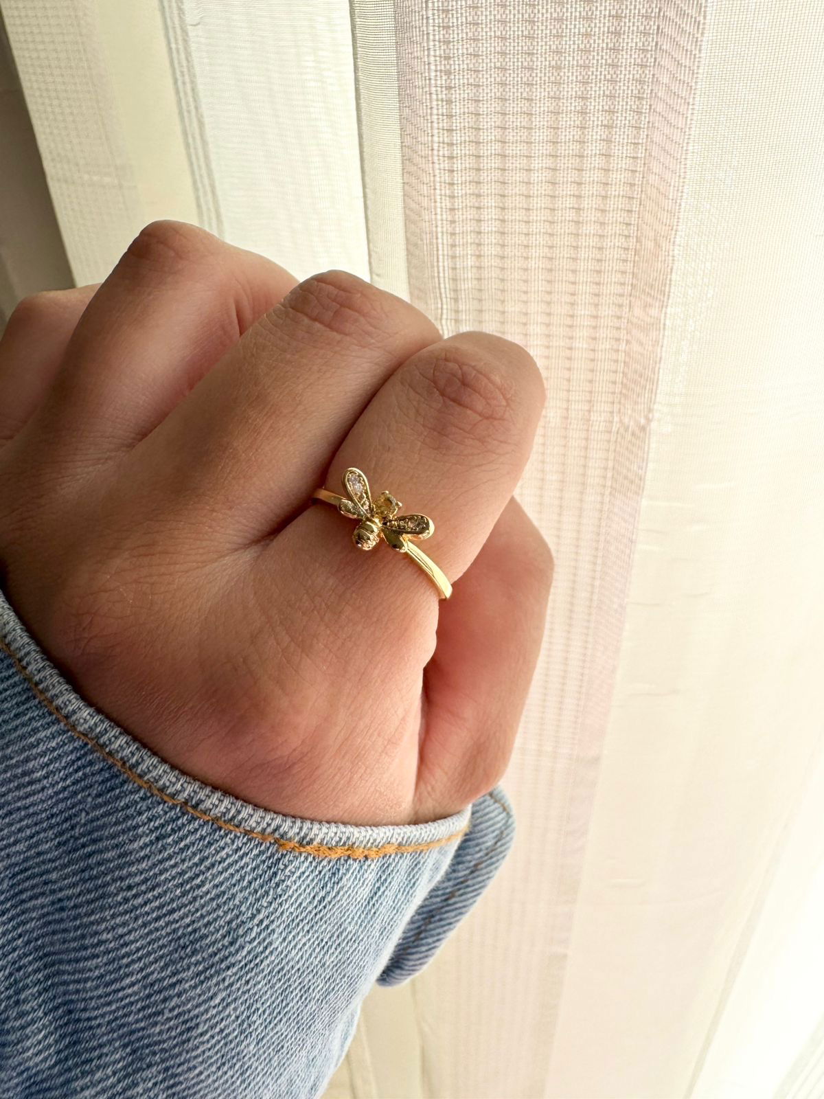 Anel Regulável Abelhinha com Zircônia Cristal e Citrino em Banho de Ouro