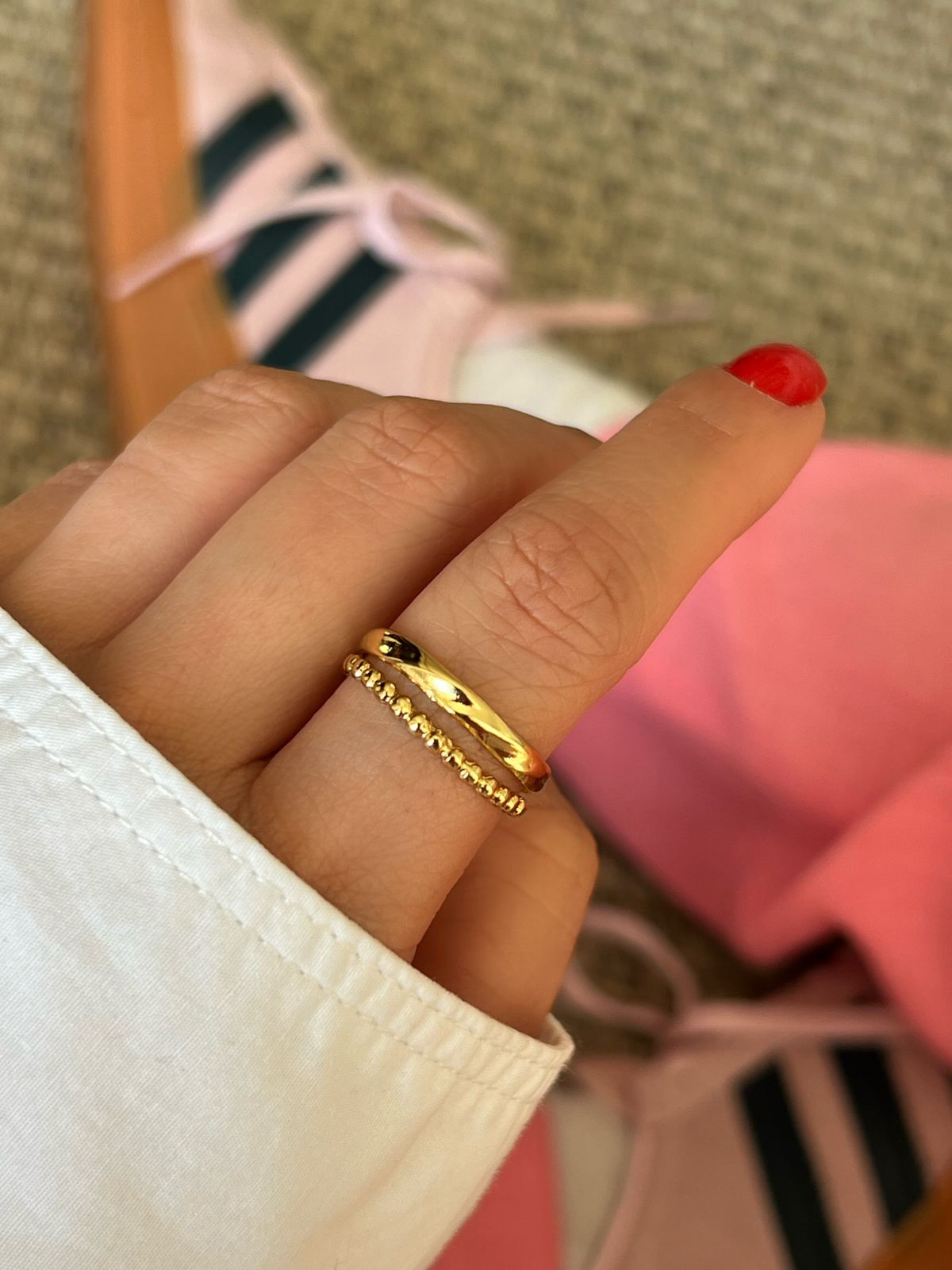 Anel Regulável Duplo Liso e Bolinha em Banho de Ouro