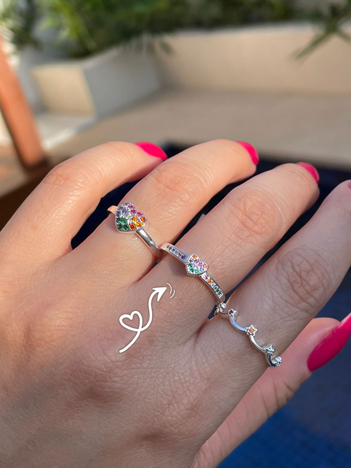 Anel Solitário Coração com Zircônia Colorida em Banho de Prata