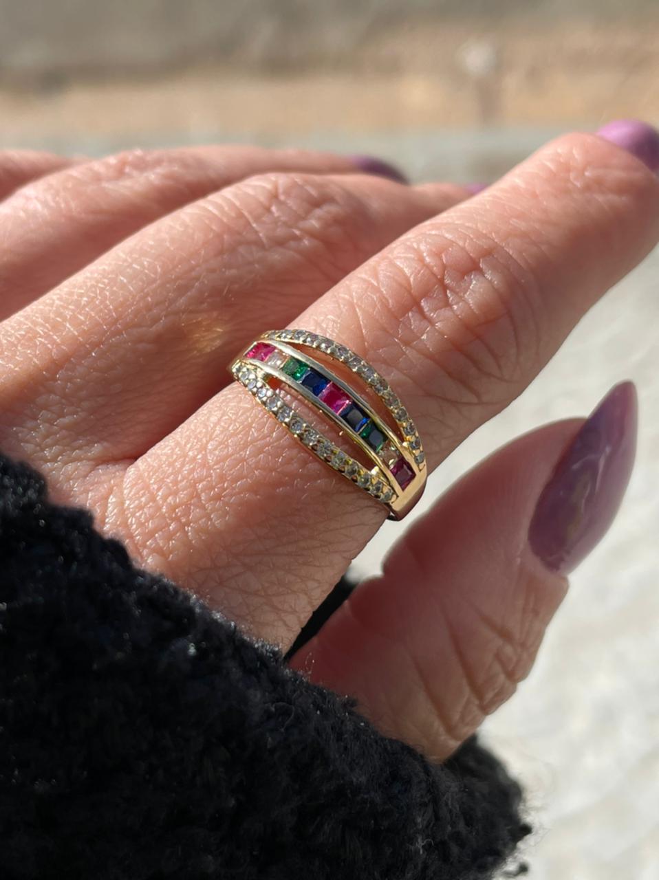 Anel Triplo Rainbow em Banho de Ouro