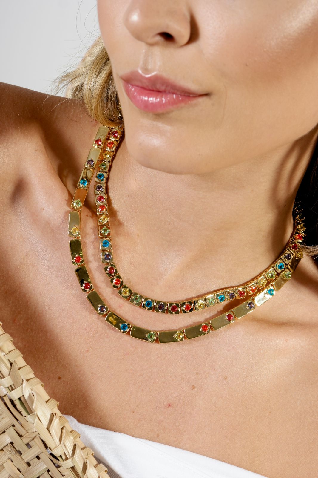 Choker com Zircônia Colorida (Segunda) Fecho Joiaem Banho de Ouro