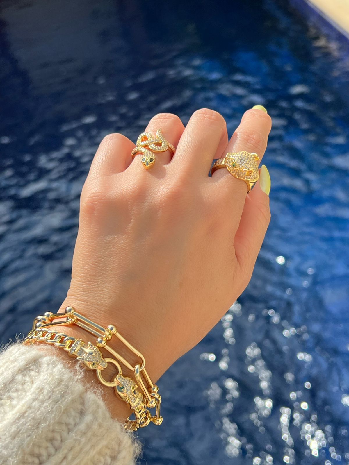 Bracelete Pantera com Zircônia Cristal e Verde Esmeralda em Banho de Ouro