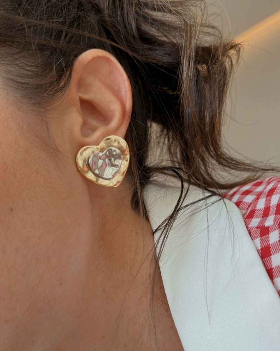 Brinco Coração Duo de Banho Ouro e Banho de Ródio Branco