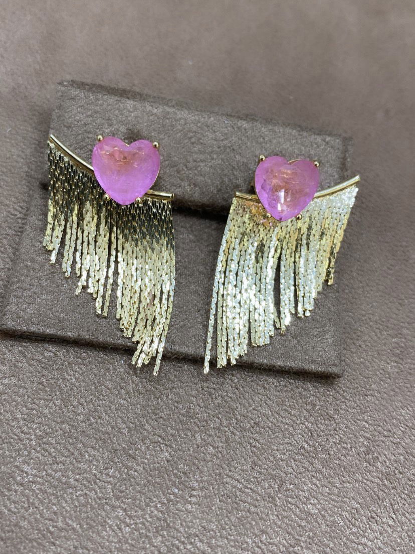 Brinco Coração Fusion Light Pink com Franja em Banho de Ouro