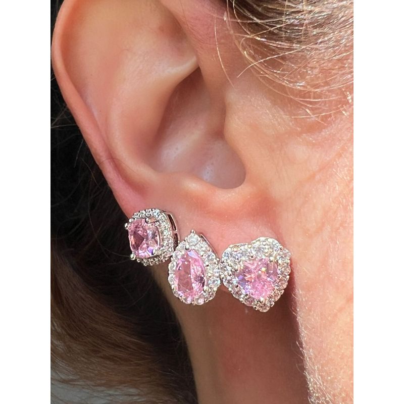 Brinco Coraçãozinho com Zircônia Cristal e Rosa Claro em Banho de Ródio Branco