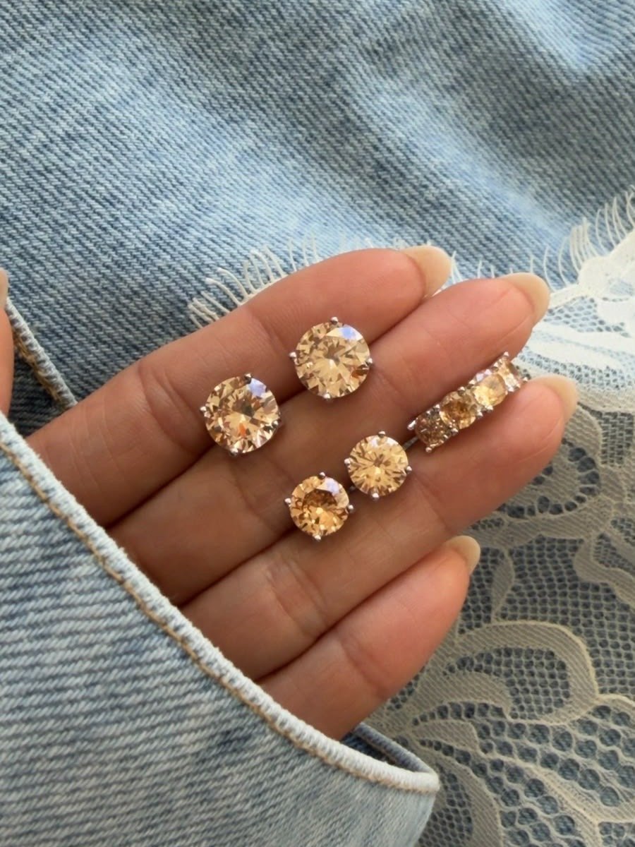 Brinco Dupla + Piercing Fake com Zircônia Champanhe em Banho de Ródio Branco