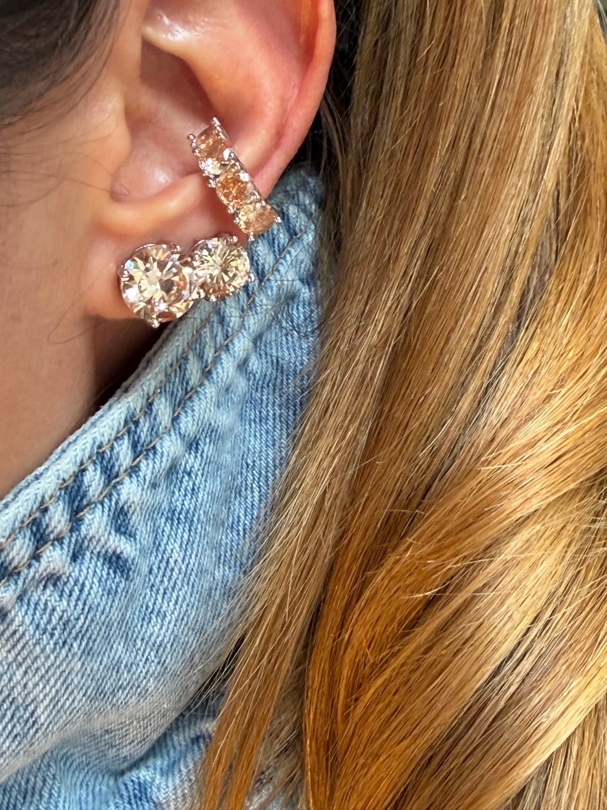 Brinco Dupla + Piercing Fake com Zircônia Champanhe em Banho de Ródio Branco