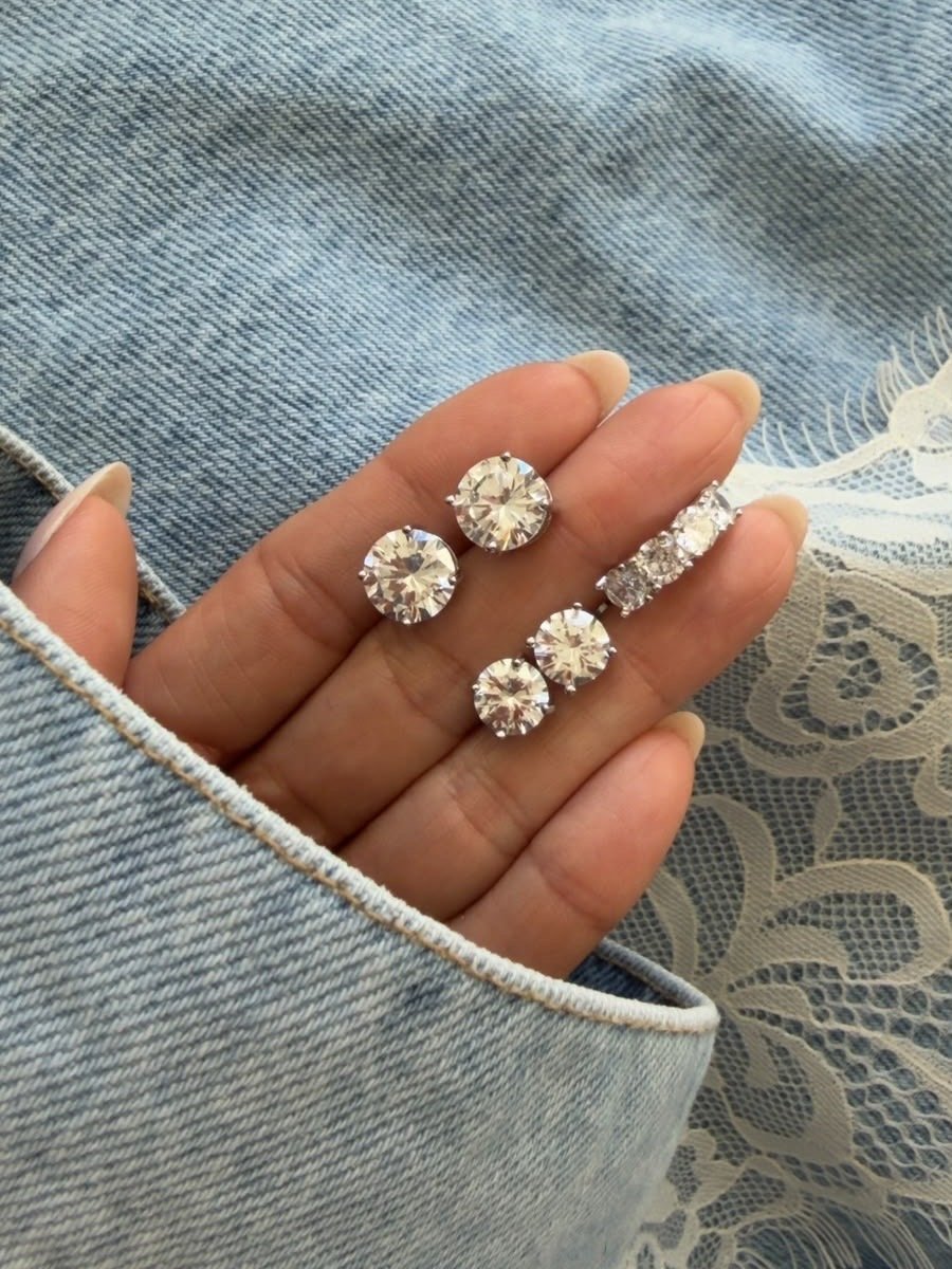 Brinco Dupla + Piercing Fake com Zircônia Cristal em Banho de Ródio Branco