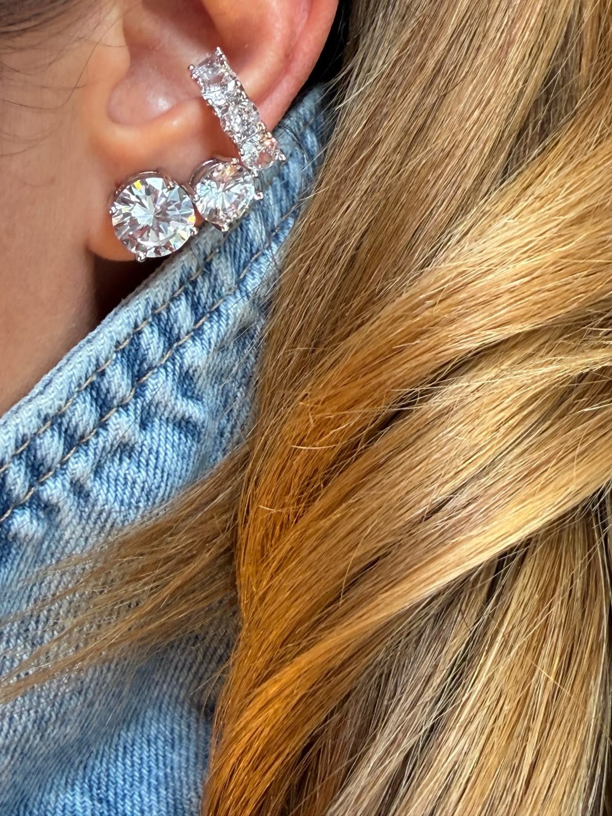 Brinco Dupla + Piercing Fake com Zircônia Cristal em Banho de Ródio Branco
