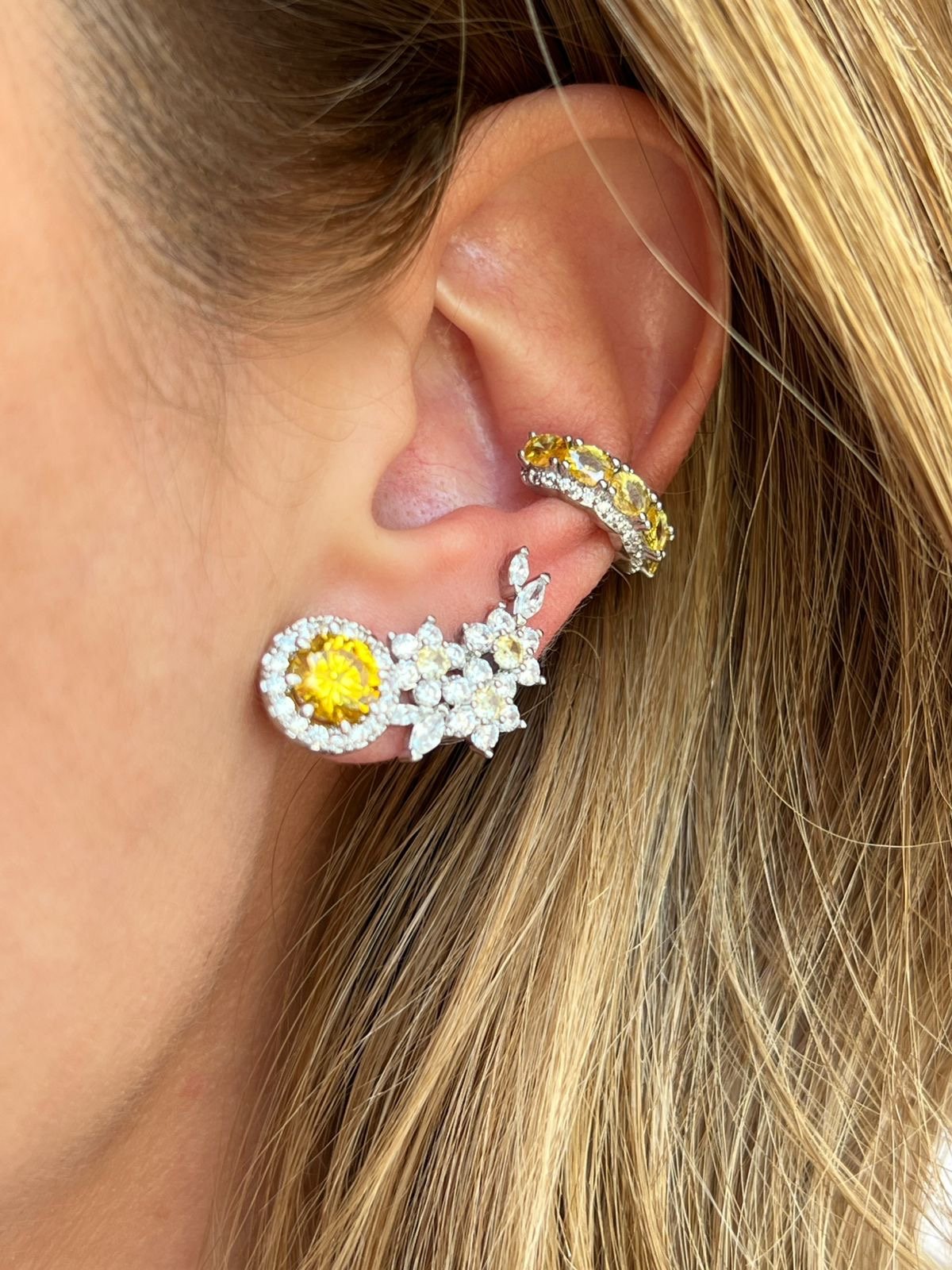 Brinco Ear Cuff com Zircônia Cristal e Citrino Banho de Ródio Branco