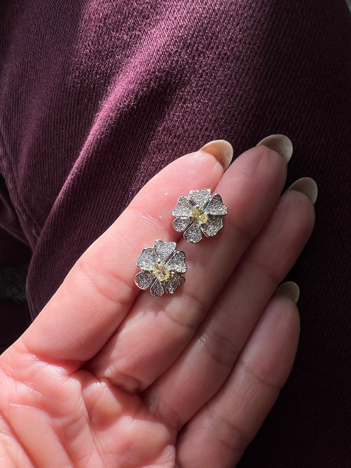 Brinco Flor com Zircônia Cristal e Citrino em Banho de Ródio Branco