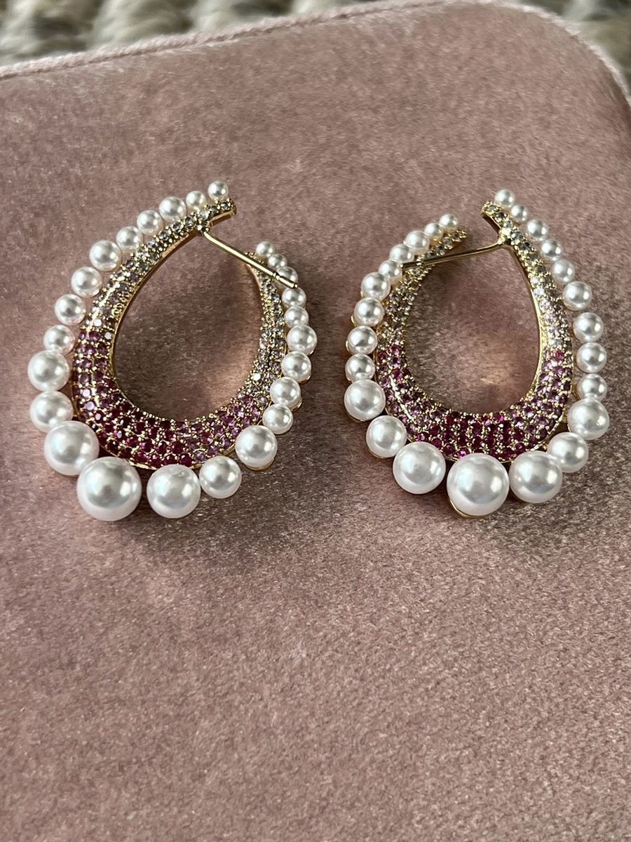 Brinco Gota com Zircônia Degrade Rosa e Pérola em Banho de Ouro