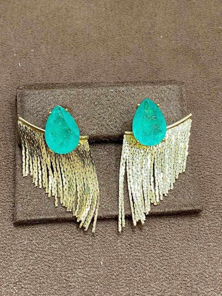 Brinco Gota Fusion Esmeralda Colombiana com Franja em Banho de Ouro