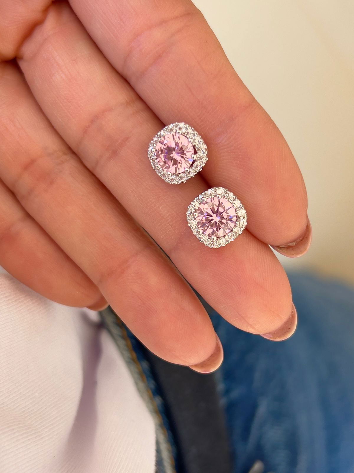 Brinco Pavê com Zircônia Cristal e Rosa Claro Banho de Ródio Branco