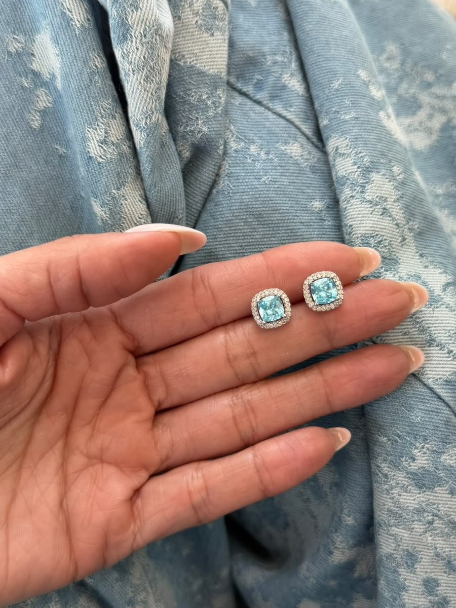 Brinco Quadrado com Zircônia Cristal e Sky Blue em Banho de Ródio