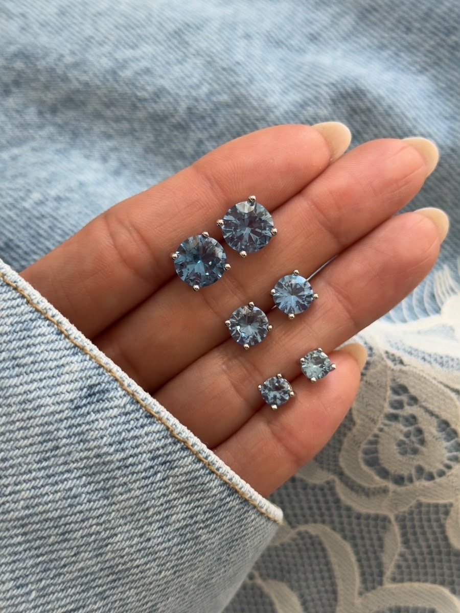 Brinco Trio Ponto de Luz 5mm 6mm 8mm Zircônia Azul Jens em Banho de Ródio Branco