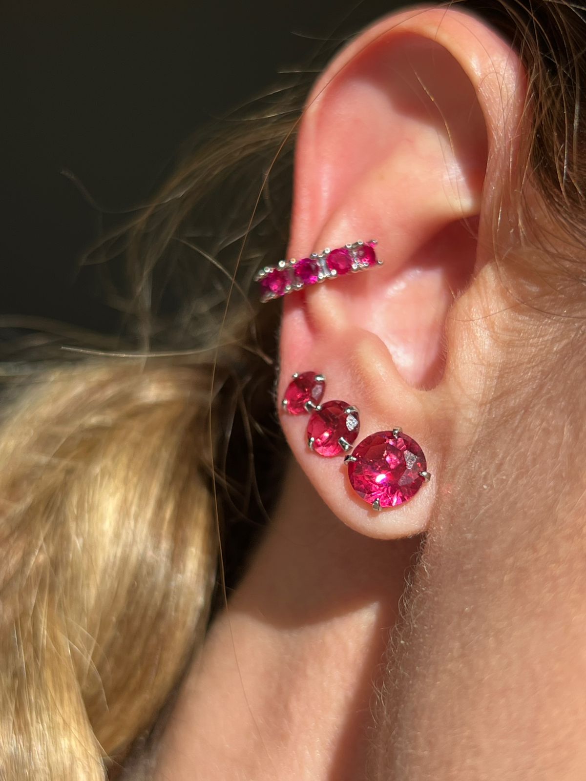 Brinco Trio Ponto de Luz Turmalina Rosa em Banho de Ródio Branco