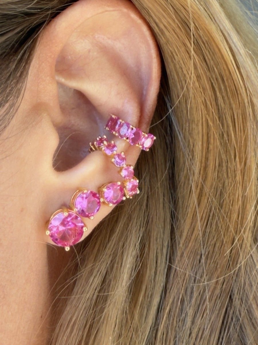 Brinco Trio Ponto de Luz Zircônia Pink 5mm 6mm 8mm em Banho de Ouro