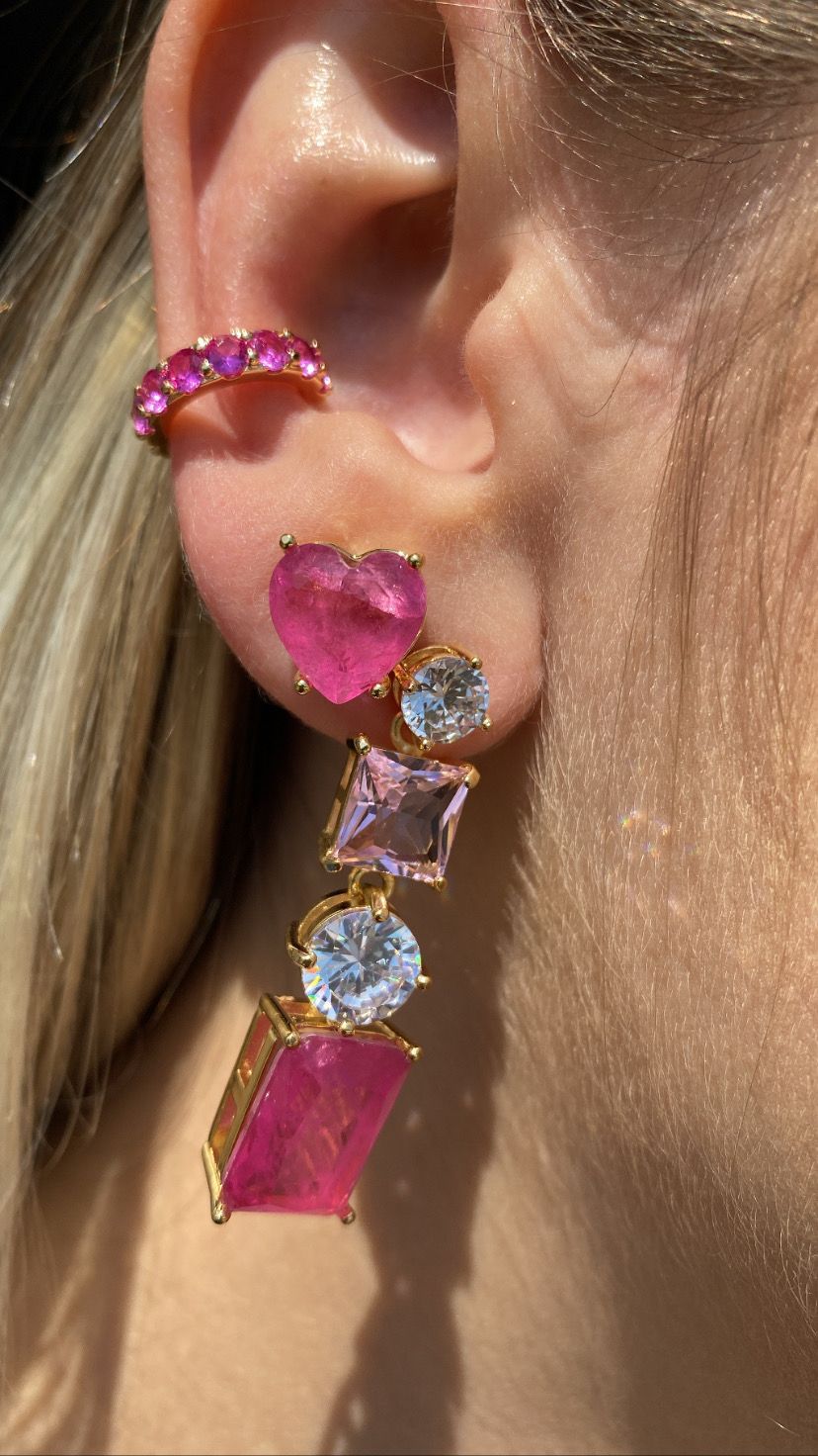 Brinco Coração Fusion Pink em Banho de Ouro