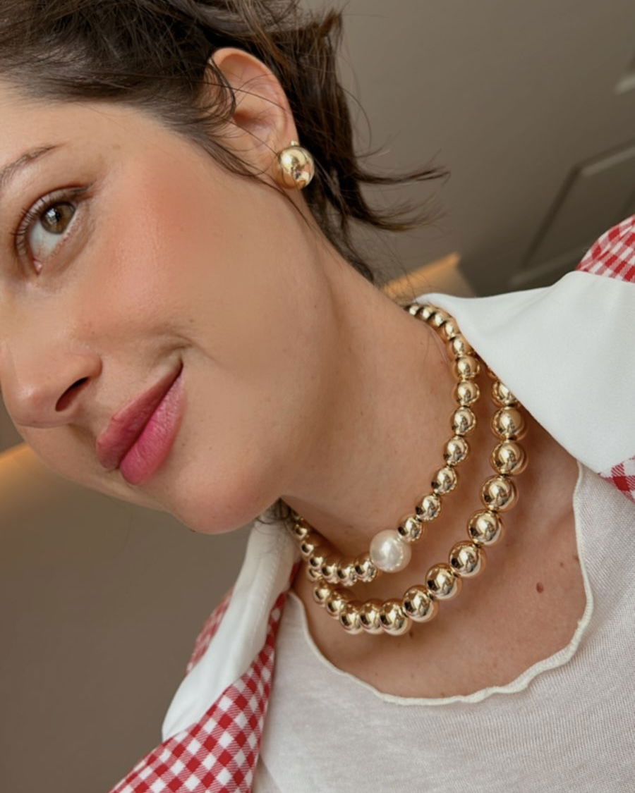 Choker Aro com Pérola 10mm e Esfera 8mm em Banho de Ouro