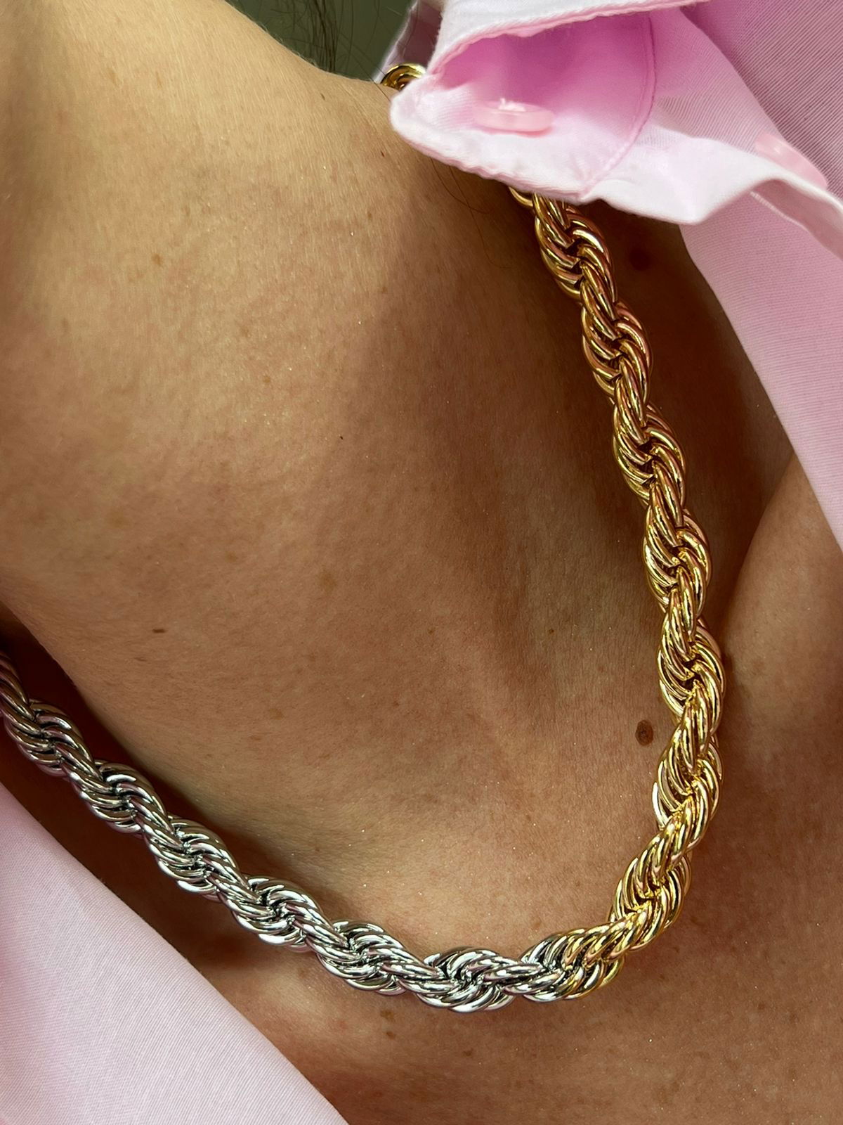 Colar Cordão Baiano Duo de Banho Ródio Branco + Ouro